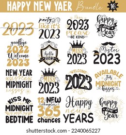 Feliz Año Nuevo 2023 Paquete de inscripciones festivas escritas a mano con fuentes caligráficas creativas y decoradas con elementos festivos.