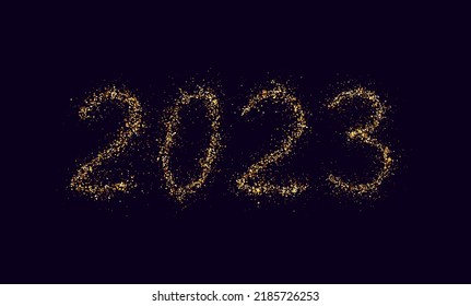 Happy New Year 2023. Burning Sparkles 2023 Isolated on Black Background. Glowing Design Element for Christmas Greeting Card. Holiday Vector Illustration.