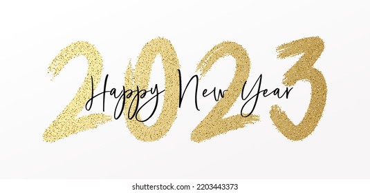 Feliz Año Nuevo 2023 con caligrafía y pincel pintados con brillo y efecto de texto brillante. Antecedentes vectoriales de la víspera del año nuevo y de las resoluciones del año nuevo y de los deseos felices