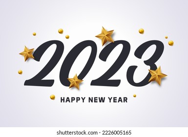 Feliz Año Nuevo 2023 con efecto de texto pintado con caligrafía y pincel. Antecedentes vectoriales de la víspera del año nuevo y de las resoluciones del año nuevo y deseos felices con estrellas y bolas elementos navideños