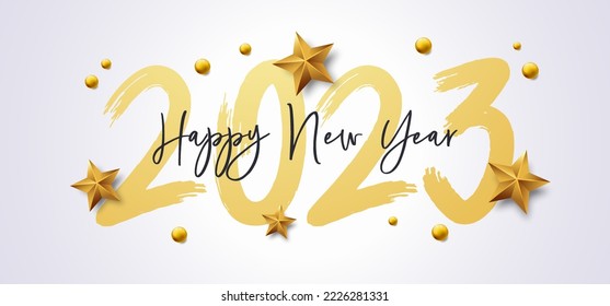 Happy New Year 2023 with calligraphic and brush painted text effect. Vector illustration background for new year's eve and new year resolutions and happy wishes with stars and balls christmas elements - Shutterstock ID 2226281331