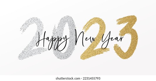 Feliz Año Nuevo 2023 con caligrafía y pincel pintados con brillo y efecto de texto brillante en oro y plata. Antecedentes vectoriales para la víspera del año nuevo y feliz resoluciones del año nuevo