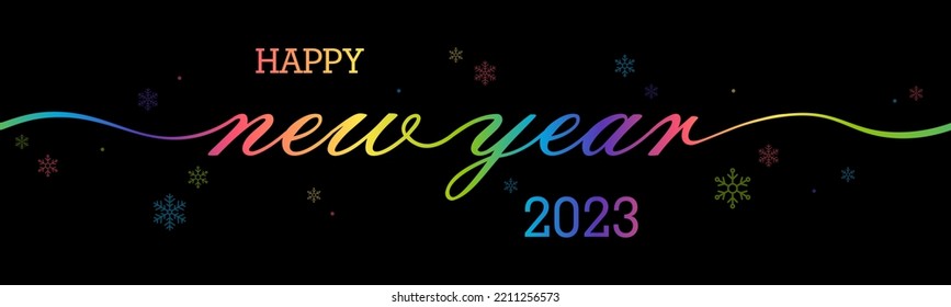 Happy new year 2023. Calligraphy banner with iridescent iridescence and colorful snowflakes. Vector illustration next year's eve.