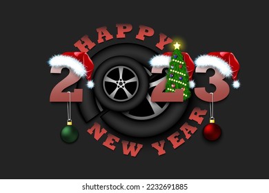 Happy new year. 2023 with car wheel. Numbers in Christmas hats and Christmas tree balls. Original template design for greeting card. Vector illustration on isolated background