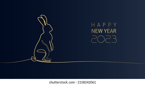 Happy New Year 2023 card, Rabbit zodiac golden sign  with gold brown color on blue and grey background. 2023 new year design template vector illustration.