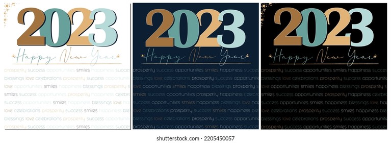 Happy New Year 2023 card, poster, banner, social media template. Sky blue pastels with gold color