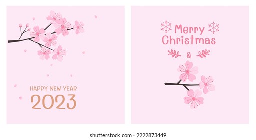 Happy New Year 2023 card with cherry blossom Sakura branch and hand written font on pink backgrounds vector illustration.