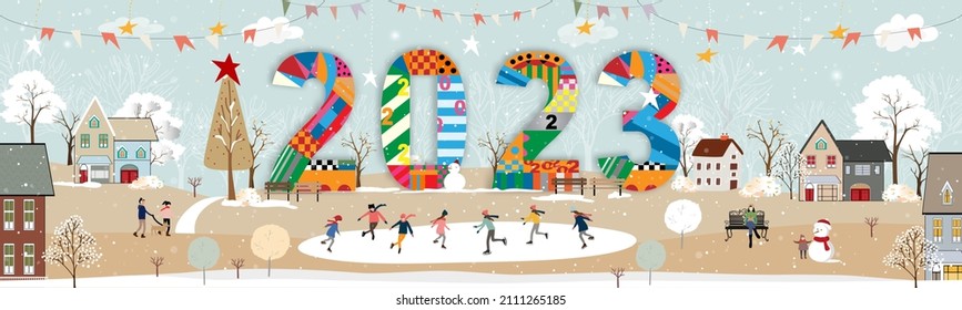 Feliz Año Nuevo 2023, Vector Winter Paisaje en la ciudad con la gente celebrando la Noche de Navidad. Tierra maravillosa de invierno en la ciudad con niños felices jugando patinaje sobre hielo en el parque de la ciudad 