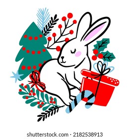 Happy new year 2023 year of cartoon rabbit. Merry Christmas card. T-shirt composition, kids print. Vector illustration.