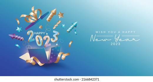 Happy new year 2023. New year celebration with fireworks rocket launch from open gift box and 3D number
