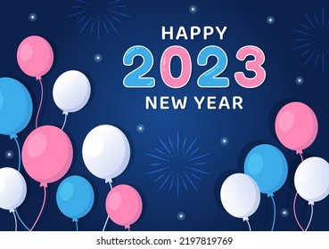 Happy New Year 2023 Celebration Template Hand Drawn Cartoon Flat Background Illustration with Fireworks, Ribbons and Confetti Design