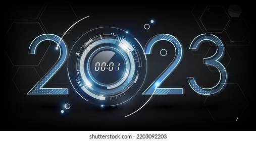 Happy New Year 2023 celebration with abstract digital clock on futuristic technology background, countdown concept, Can adjust digital number, vector illustration