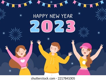 Happy New Year 2023 Celebration Template Hand Drawn Cartoon Flat Background Illustration with Fireworks, Ribbons and Confetti Design