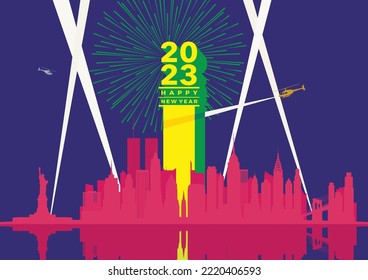 Happy New Year 2023 celebration at  Twin Towers in New York City Skyline. 