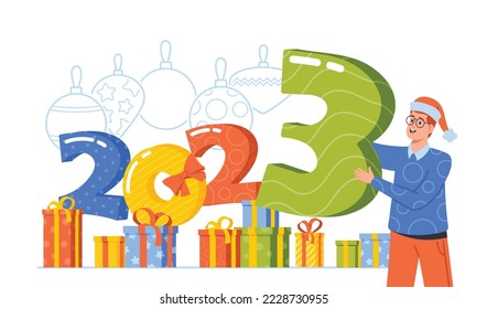 Happy New Year 2023 Celebration and Congratulation Concept or Greeting Card with Cheerful Man in Santa Hat Holding Number and Colorful Gifts and Presents around. Cartoon Vector Illustration