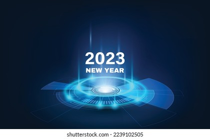 Happy New Year 2023 celebration with blue light abstract clock on futuristic technology background, countdown concept.