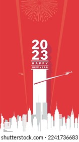 Happy New Year 2023 celebration at  Twin Towers in New York City Skyline. Merry Christmas. Greeting concept for 2023 new year celebration