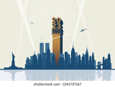 Feliz Año Nuevo 2023 en Torres Gemelas en el Skyline de Nueva York