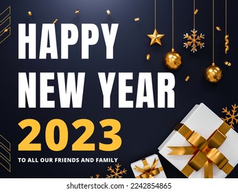 Happy new year, 2023. New year celebration with fireworks rocket launch from open gift box and 3D number. Vector