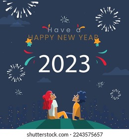 Happy new year 2023 Childs celebration. New Year's Party background greeting card - fireworks in the dark blue night.