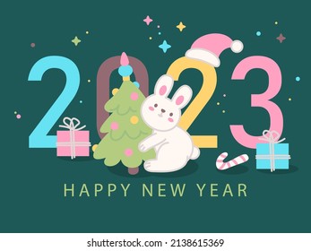 Happy New Year 2023. Chinese New Year. Rabbit and Christmas tree, gift boxes and Santa hat. Rabbit and 2023. Cute Christmas illustration for calendar, greeting cards, holiday banners and social media