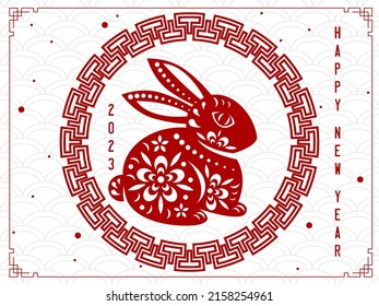 Happy New year 2023. Chinese New year rabbit symbol. Chinese background. Holiday Chinese banner with horoscope sign of 2023. Red and white design