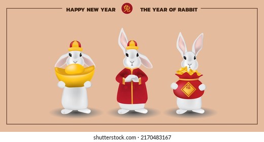 Happy New Year, 2023 , Chinese traditional zodiac . the year of little 3 cute rabbit. hold inlot golden bag, felicitous element. the elements can be separated. vector illustration