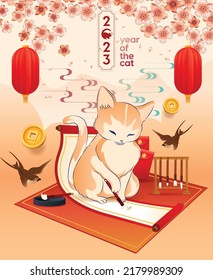 Happy new year 2023, Chinese new year, Year of the cat, Happy lunar new year 2023, Cat Illustration 