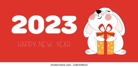 HAPPY NEW YEAR 2023. Chinese Rabbit New Year. The symbol of the New Year 2023. Vector illustration in the style of flat minimalism. The sign of the rabbit horoscope. Greeting card, banner, invitation.