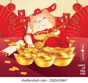 Happy new year 2023, Chinese new year, Year of the cat, Happy lunar new year 2023, Cat Illustration 