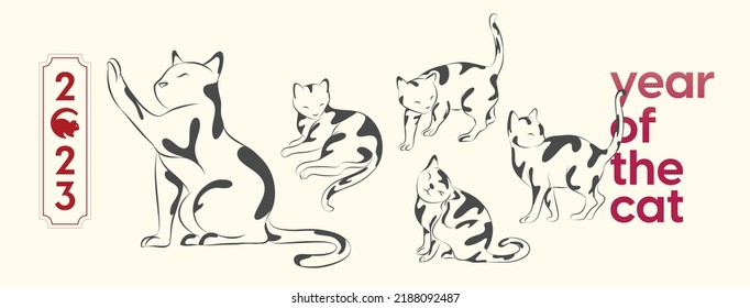 Happy new year 2023, Chinese new year, Year of the cat, Happy lunar new year 2023, Cat Illustration 