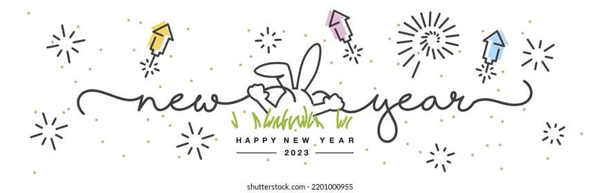 Happy new year 2023 chinese year of the rabbit. Rabbit in the center of the New Year 2023 celebration with big fireworks on a white background