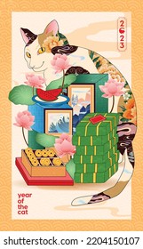 Happy new year 2023, Chinese new year, Year of the cat, Happy lunar new year 2023, Cat Illustration 