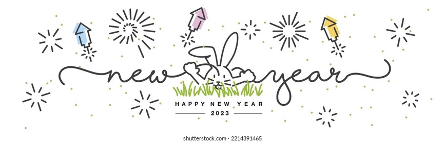 Happy new year 2023 chinese year of the rabbit. New Year 2023 celebration with big firework and glitters confetti on a white background
