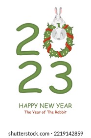 Happy new year 2023. Chinese Lunar New Year 2023, year of the rabbit. Large numbers with cute bunny, hare. Background Design for holiday decor, card, poster, banner, flyer