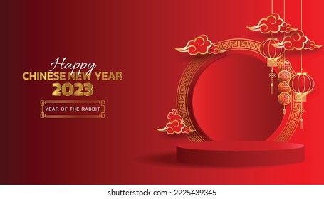 Happy new year 2023, Chinese new year, Year of the Rabbit, 3d podium art Chinese new year, OMid Autumn Festival. - Shutterstock ID 2225439345