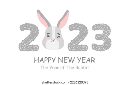 Happy new year 2023. Chinese Lunar New Year 2023, year of the rabbit. Large numbers with cute bunny, hare. Background Design for holiday decor, card, poster, banner, flyer