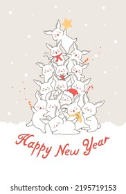 Happy New Year 2023. A Christmas tree made of cute rabbits, a collection of rabbit characters. Vector illustration, cute cartoon vector drawing of wildlife animal. Postcard, design