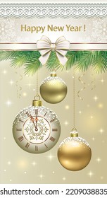 Happy New Year 2023. Christmas card with balls and clock hanging from fir branches. Glowing background with stars is decorated with ribbon, bow and snowflakes. 3D vector illustration