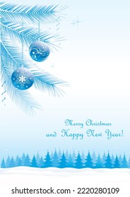 Happy New Year 2023. Christmas background with balls on fir branches and snowy winter nature. Place for your text for greeting cards, covers, posters, websites