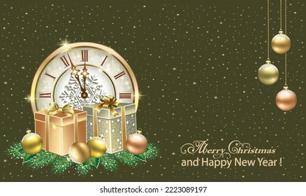 Happy New Year 2023. Christmas card with gift boxes, balls, clock. Glowing background with place for your text. 3d vector