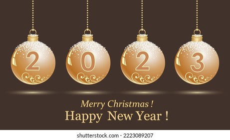 Happy New Year 2023. Christmas balls with pattern on a dark background. Isolated vector elements for winter holidays, greeting cards, stickers, posters, New Year cards, design elements.