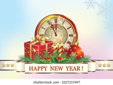 Happy New Year 2023. Christmas card with gift, balls, candle and clock on delicate multicolored background with decorative ribbon and fir branches. Vector illustration