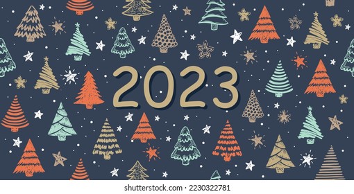 Happy New Year 2023. Christmas tree hand drawn illustrations. Vector.