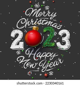 Happy New Year 2023. Christmas celebrate party. Chalk writing number and text and doodle snowflakes on black background, vector illustration