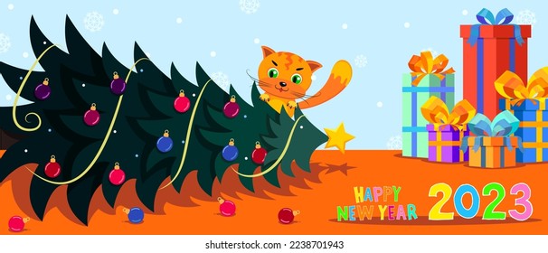 Happy New Year 2023. Christmas tree felled by a cat, bright vector illustration. Cheeky red cat