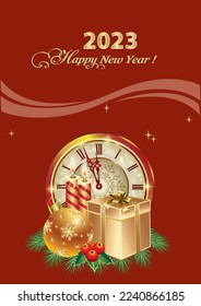 Happy New Year 2023. Christmas card with gift boxes, balls, candles and clock on a red background with fir branches. Vector illustration