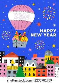 Happy new year 2023. Cityscape with colorful fireworks festival. City celebration. Carnival with air balloon. Banner, poster, flyer, greeting card. hand drawn style. Trendy Flat vector illustration.