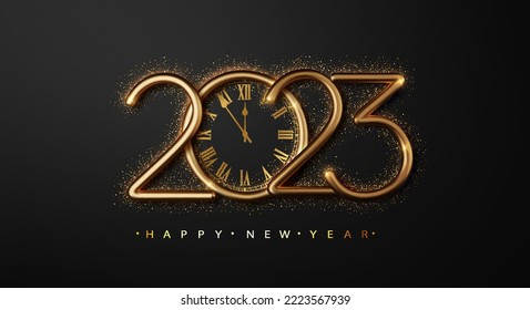 Happy New Year 2023 with clock face and golden glitter sparkles on black background. Realistick Golden metallic numbers 2023 logo