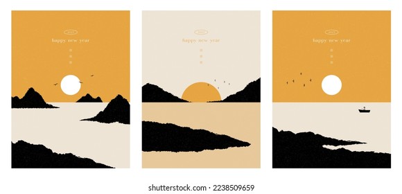 Happy new year 2023. Collection of abstract landscapes. Sunrise, sea. Modern layout, fashionable colors. Minimal design. Social network, banner, poster, flyer, greeting card. Flat vector illustration.